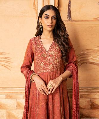 Tissue Chanderi Hand Embroidered Anarkali Paired With A Crushed Silk Dupatta And Churidaar 1