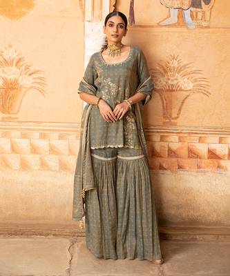 Tissue Chanderi Gota  Hand Embroidered Short Kurta Paired With A Gharara And A Tissue Dupatta 1