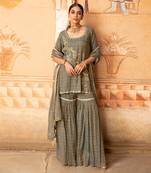 Tissue Chanderi Gota  Hand Embroidered Short Kurta Paired With A Gharara And A Tissue Dupatta