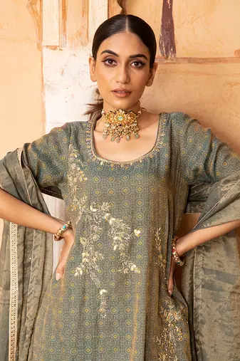 Tissue Chanderi Gota  Hand Embroidered Short Kurta Paired With A Gharara And A Tissue Dupatta