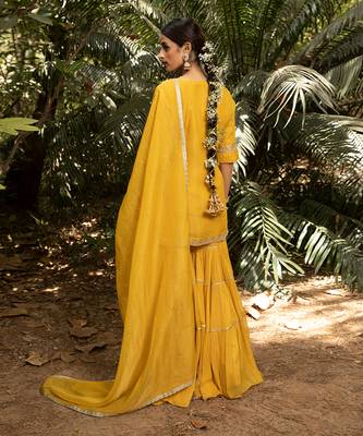 Hand Embroidered Short Kurta In Tissue Paired With A Tier Sharara And A Tissue Dupatta 2