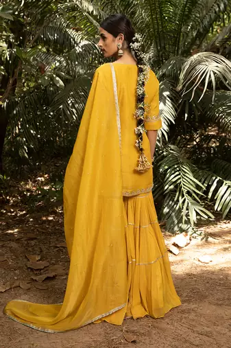 Hand Embroidered Short Kurta In Tissue Paired With A Tier Sharara And A Tissue Dupatta