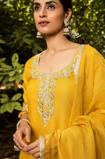 Hand Embroidered Short Kurta In Tissue Paired With A Tier Sharara And A Tissue Dupatta