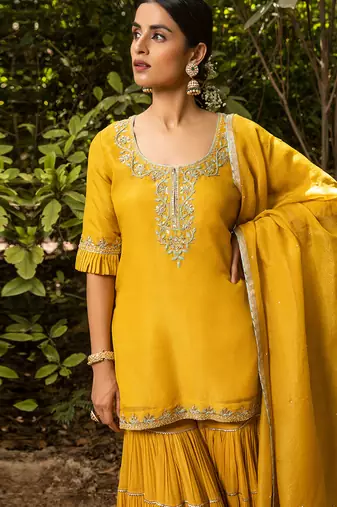 Hand Embroidered Short Kurta In Tissue Paired With A Tier Sharara And A Tissue Dupatta