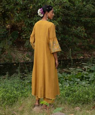 Yellow Kota Chanderi Tunic With Dori Thread Embroidery Paired With Pants 2