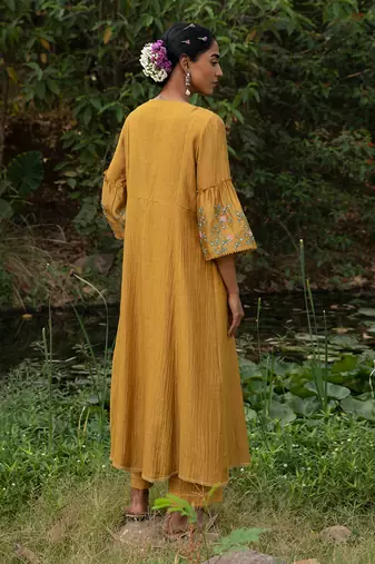 Yellow Kota Chanderi Tunic With Dori Thread Embroidery Paired With Pants