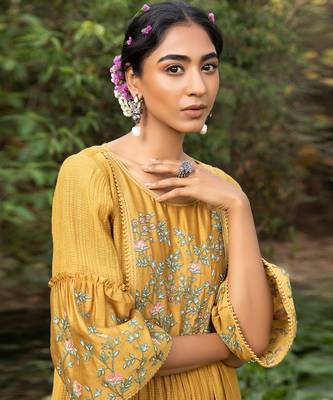 Yellow Kota Chanderi Tunic With Dori Thread Embroidery Paired With Pants 3