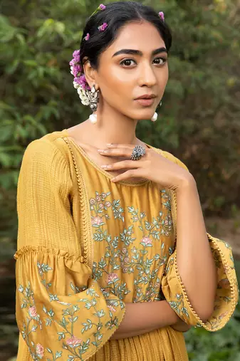 Yellow Kota Chanderi Tunic With Dori Thread Embroidery Paired With Pants