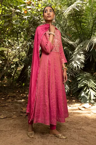 Tissue Chanderi Hand Embroidered Anarkali Paired With A Crushed Silk Dupatta And Churidaar