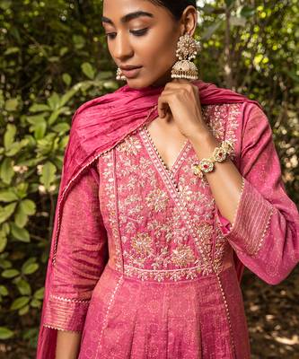 Tissue Chanderi Hand Embroidered Anarkali Paired With A Crushed Silk Dupatta And Churidaar 3