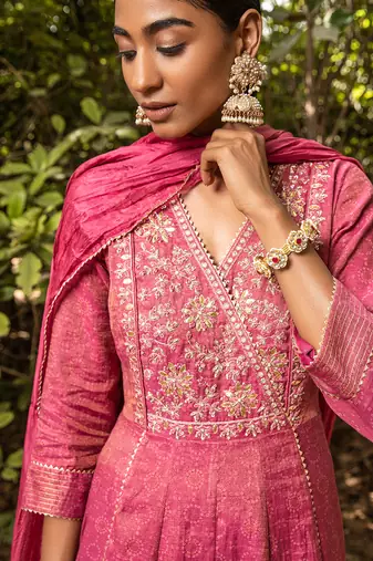 Tissue Chanderi Hand Embroidered Anarkali Paired With A Crushed Silk Dupatta And Churidaar
