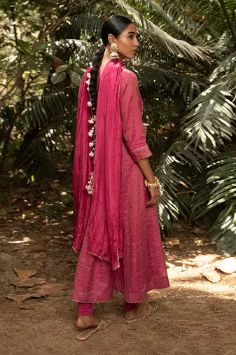 Tissue Chanderi Hand Embroidered Anarkali Paired With A Crushed Silk Dupatta And Churidaar