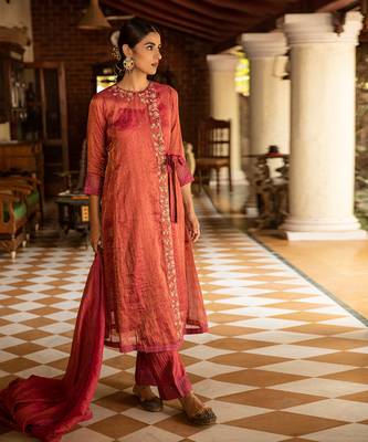 Tissue Chanderi Hand Embroidered Angrakha Paired With Tissue Pants And Dupatta 1