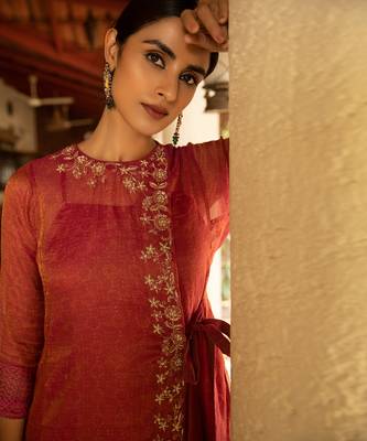 Tissue Chanderi Hand Embroidered Angrakha Paired With Tissue Pants And Dupatta 3