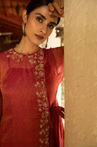 Tissue Chanderi Hand Embroidered Angrakha Paired With Tissue Pants And Dupatta