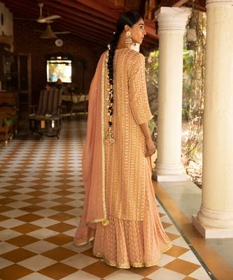 Gota Pearl Embroidered Heavy Kurta Paired With A Banarasi Skirt And Net Dupatta 2