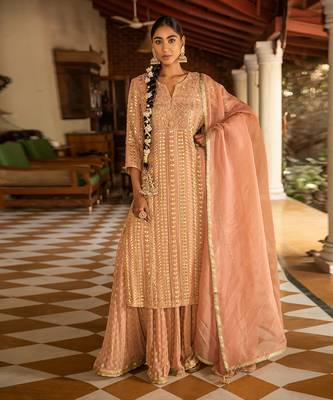 Gota Pearl Embroidered Heavy Kurta Paired With A Banarasi Skirt And Net Dupatta 1