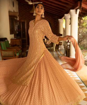 Gota Pearl Embroidered Heavy Kurta Paired With A Banarasi Skirt And Net Dupatta 3