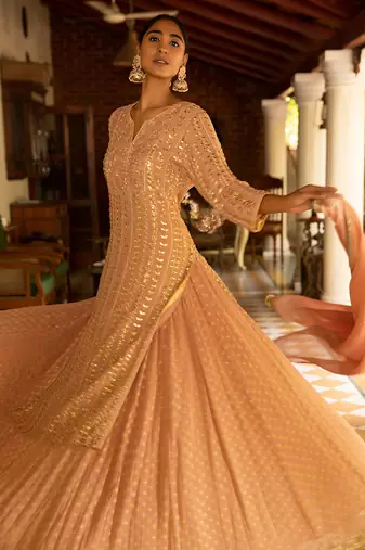 Gota Pearl Embroidered Heavy Kurta Paired With A Banarasi Skirt And Net Dupatta
