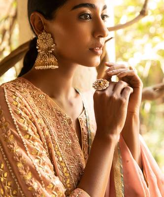 Gota Pearl Embroidered Heavy Kurta Paired With A Banarasi Skirt And Net Dupatta 4