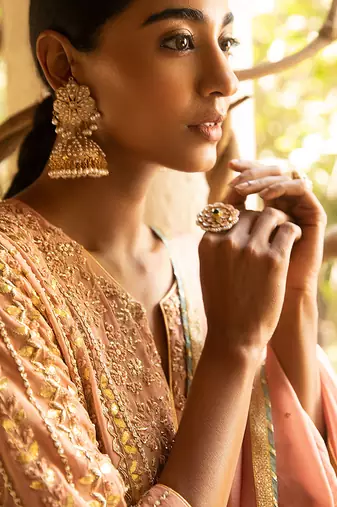 Gota Pearl Embroidered Heavy Kurta Paired With A Banarasi Skirt And Net Dupatta