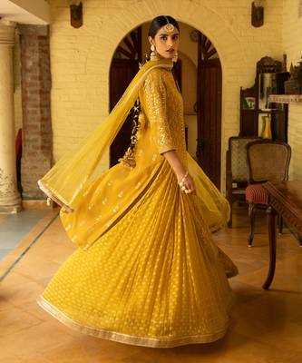 Gota Jaal Embroidered Kurta Paired With A Banarasi Skirt And Net Dupatta With Pearl Work 2