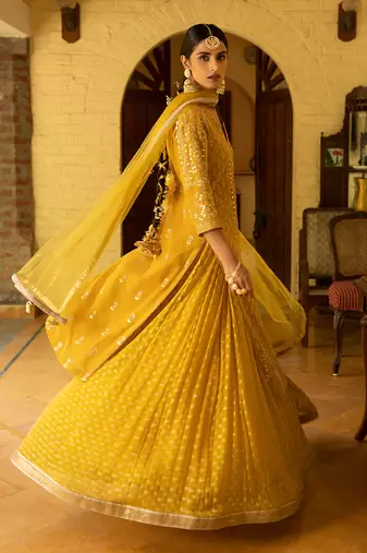 Gota Jaal Embroidered Kurta Paired With A Banarasi Skirt And Net Dupatta With Pearl Work