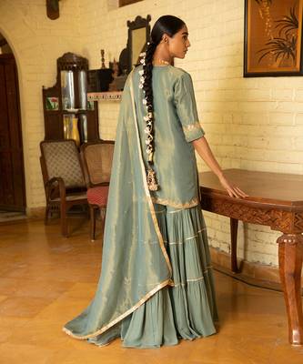 Hand Embroidered Short Kurta In Tissue Paired With A Tier Sharara And A Tissue Dupatta 2