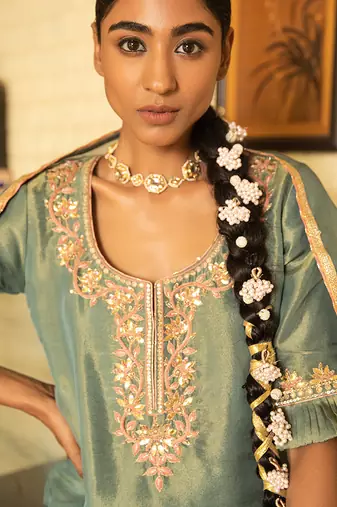 Hand Embroidered Short Kurta In Tissue Paired With A Tier Sharara And A Tissue Dupatta