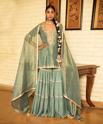 Hand Embroidered Short Kurta In Tissue Paired With A Tier Sharara And A Tissue Dupatta 1