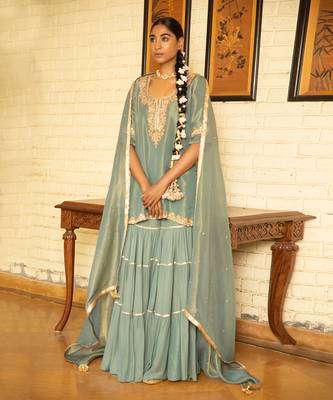 Hand Embroidered Short Kurta In Tissue Paired With A Tier Sharara And A Tissue Dupatta 4