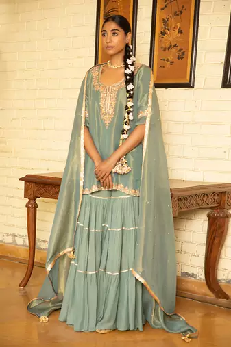 Hand Embroidered Short Kurta In Tissue Paired With A Tier Sharara And A Tissue Dupatta