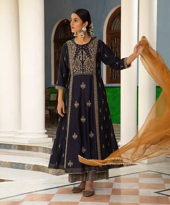 Zardozi Work  A-Line Kurta Paired With  Tissue Palazzos And Organza Dupatta With Pearl Detailings 1