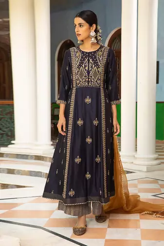 Zardozi Work  A-Line Kurta Paired With  Tissue Palazzos And Organza Dupatta With Pearl Detailings