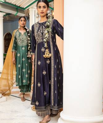 Zardozi Work  A-Line Kurta Paired With  Tissue Palazzos And Organza Dupatta With Pearl Detailings 5
