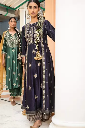 Zardozi Work  A-Line Kurta Paired With  Tissue Palazzos And Organza Dupatta With Pearl Detailings