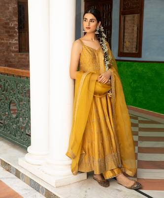 Zari Embroidered Anarkli Paired With Embroidered Organza Dupatta And Silk Pants 1