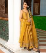 Zari Embroidered Anarkli Paired With Embroidered Organza Dupatta And Silk Pants