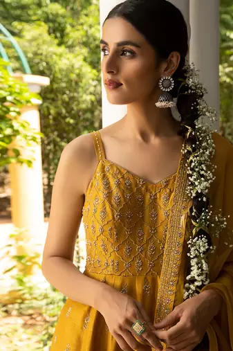 Zari Embroidered Anarkli Paired With Embroidered Organza Dupatta And Silk Pants