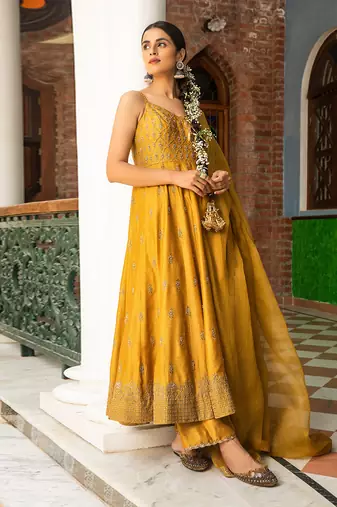 Zari Embroidered Anarkli Paired With Embroidered Organza Dupatta And Silk Pants