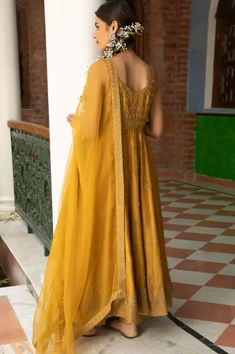 Zari Embroidered Anarkli Paired With Embroidered Organza Dupatta And Silk Pants
