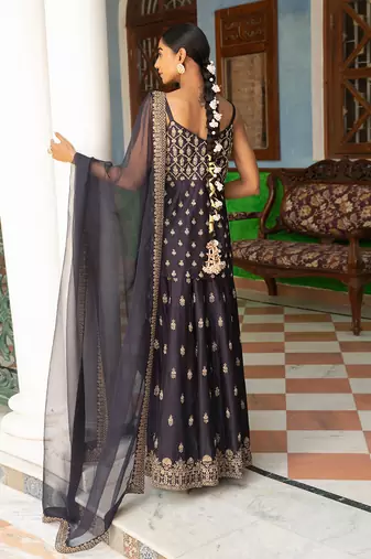 Zari Embroidered Short Kurta Paired With A Gharara And An Organza Dupatta