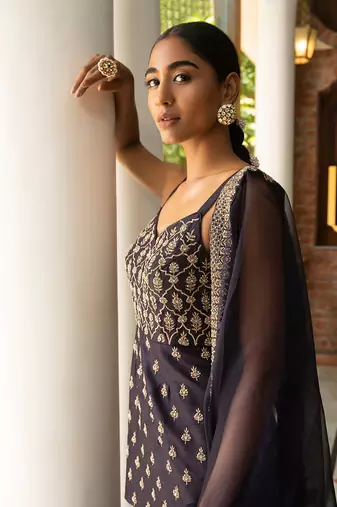 Zari Embroidered Short Kurta Paired With A Gharara And An Organza Dupatta