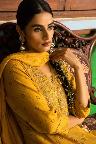 Tissue Chanderi Hand Embroidered Anarkali Paired With A Crushed Silk Dupatta And Churidaar