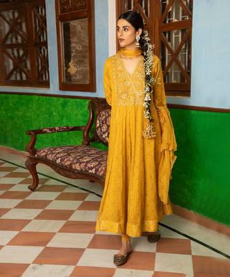 Tissue Chanderi Hand Embroidered Anarkali Paired With A Crushed Silk Dupatta And Churidaar 1