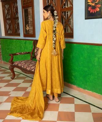Tissue Chanderi Hand Embroidered Anarkali Paired With A Crushed Silk Dupatta And Churidaar 5