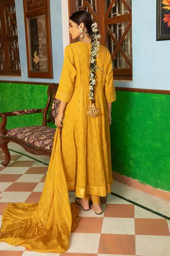 Tissue Chanderi Hand Embroidered Anarkali Paired With A Crushed Silk Dupatta And Churidaar