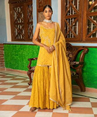 Tissue Chanderi Gota  Hand Embroidered Short Kurta Paired With A Gharara And A Tissue Dupatta 1