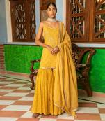 Tissue Chanderi Gota  Hand Embroidered Short Kurta Paired With A Gharara And A Tissue Dupatta