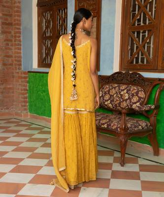 Tissue Chanderi Gota  Hand Embroidered Short Kurta Paired With A Gharara And A Tissue Dupatta 2